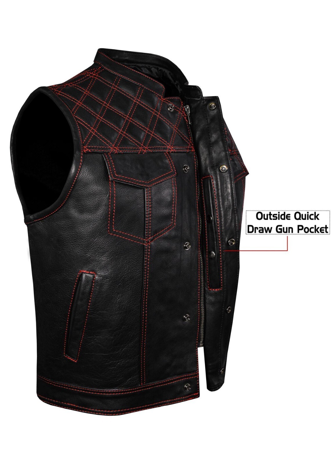 Men’s Black Leather Vest Motorcycle Red Thread Diamond Cuts Custom Waistcoat