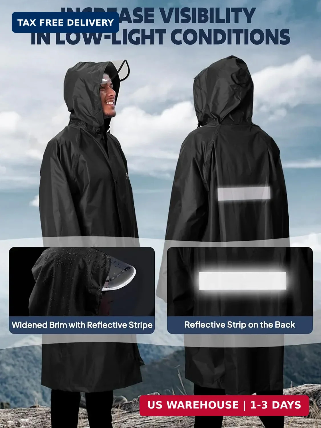 Waterproof Raincoat Men Women Packable Hooded Reflective Pockets | Adjustable dr