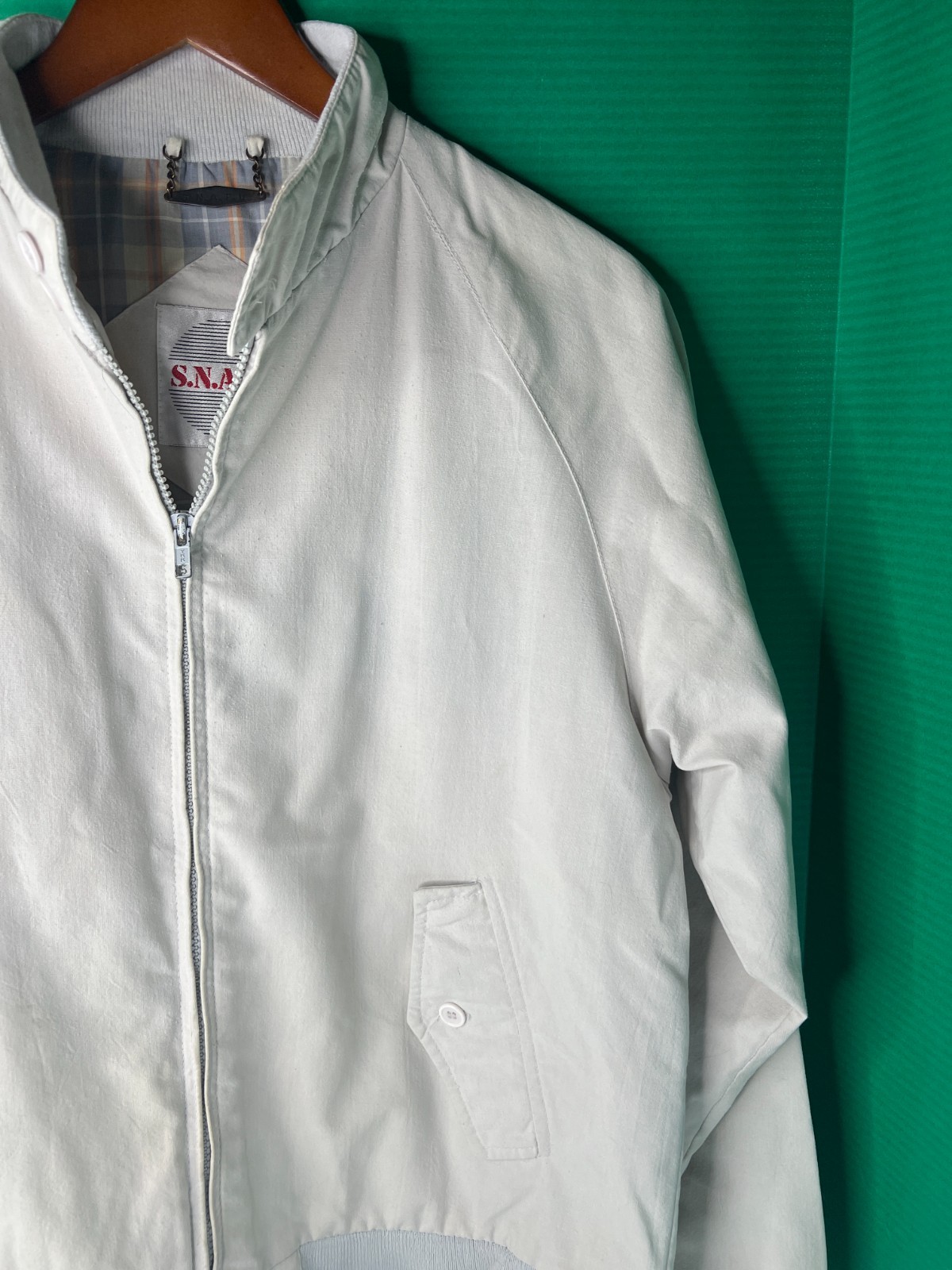 Vintage 80s S.N.A.F.U. Bomber Jacket Light Khaki Plaid Lining Harrington Style M