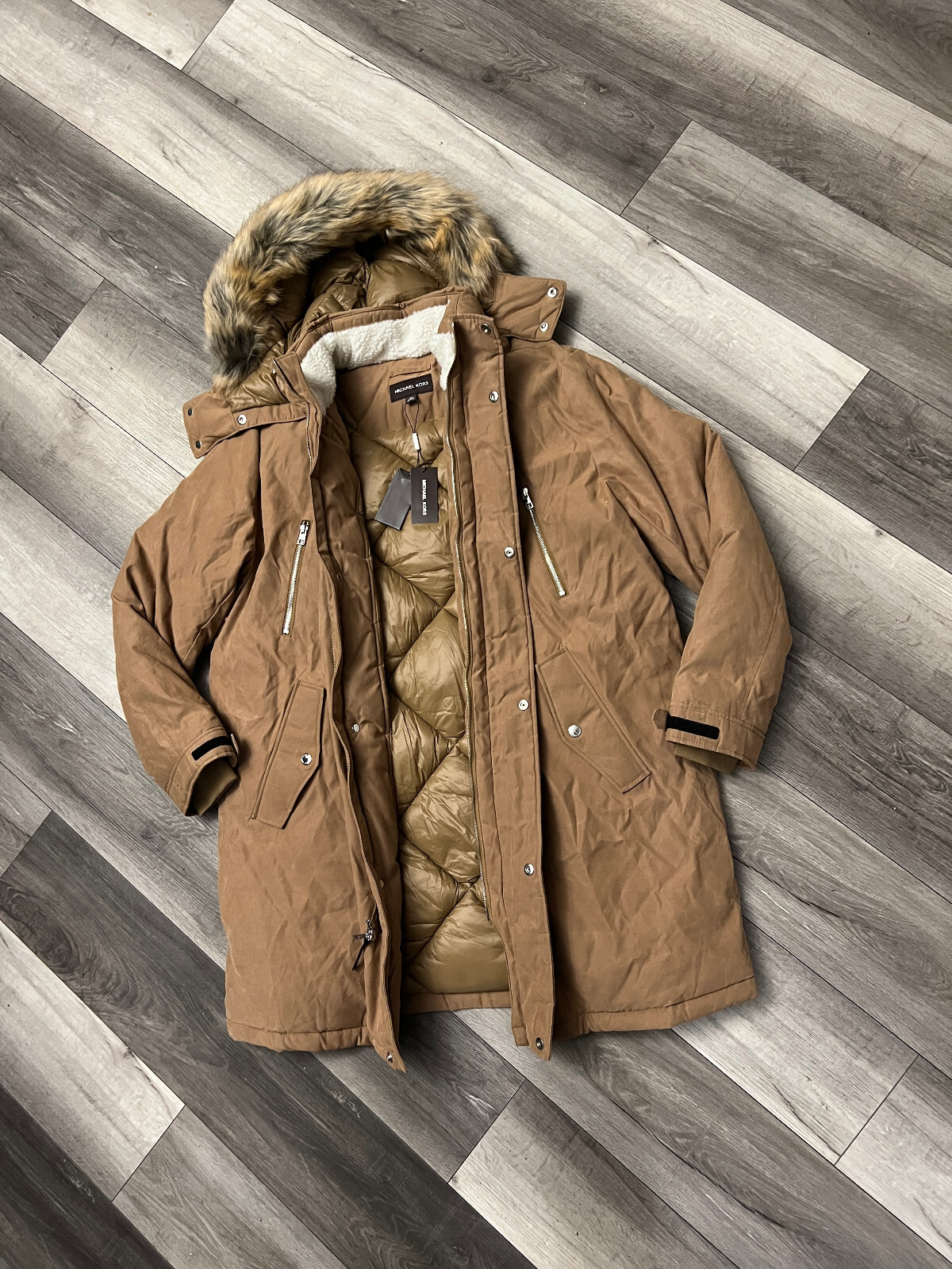 Michael Kors Mens Faux Fur Trim Hooded Parka Coat Jacket Dark Camel Brown XL