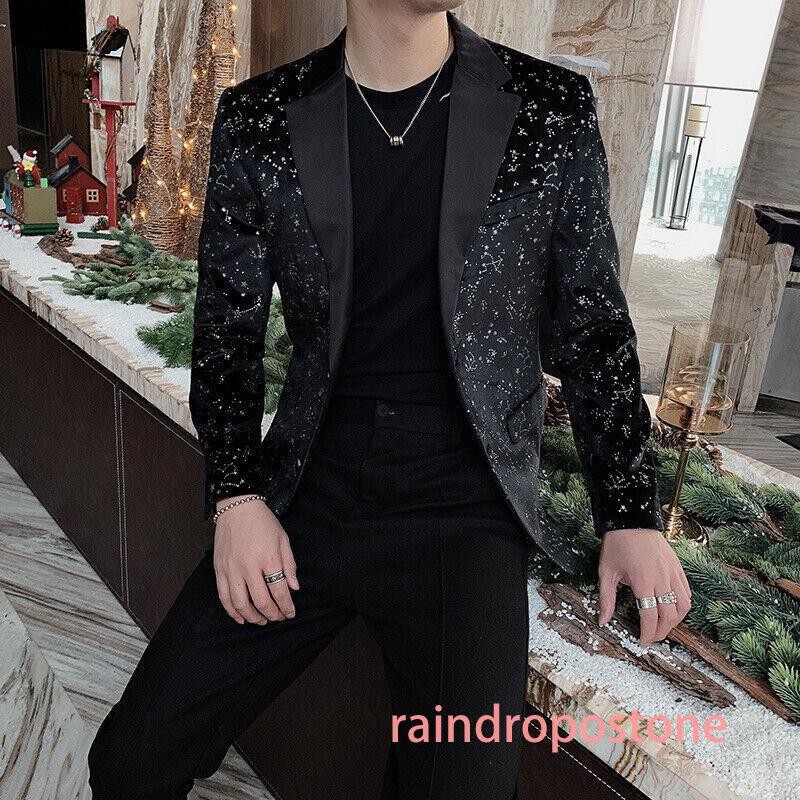 Men’s Spring Slim One Button Sequined Suit Night Club Coat Stage Black Blazer