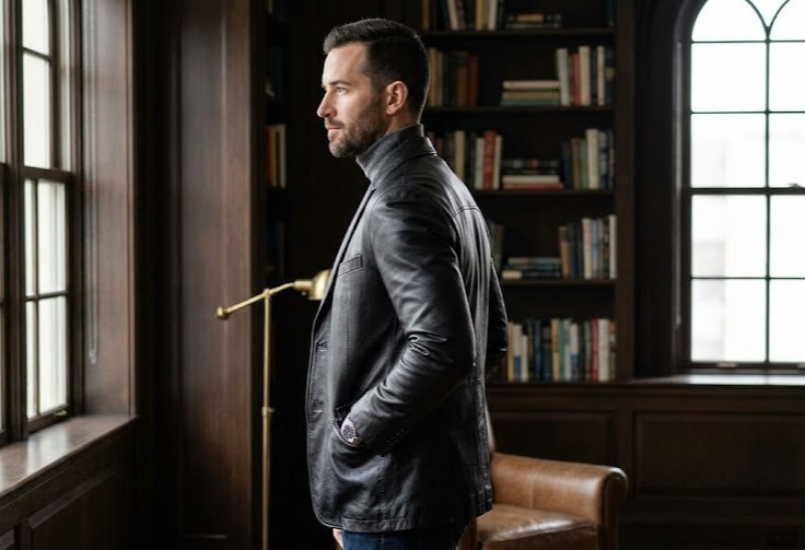 Men’s Real Black Leather Blazer Jacket Classic Tailored 2 Button Coat Formal