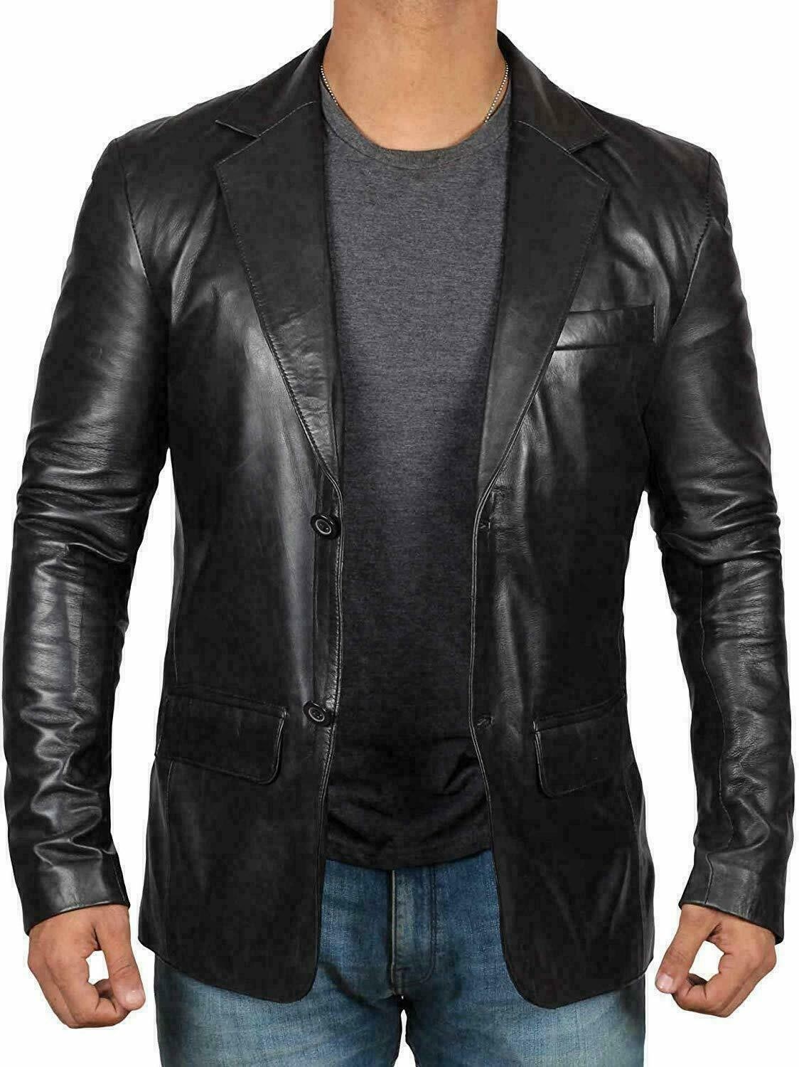 Men’s Genuine Lambskin Leather Blazer Jacket Coat Two Button Black Slim Fit Coat