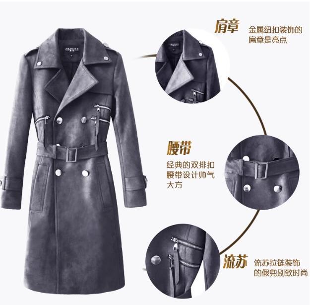 Vintage Suede Trench Coat Mens Mid Length Double-breasted Jacket Belted Parka