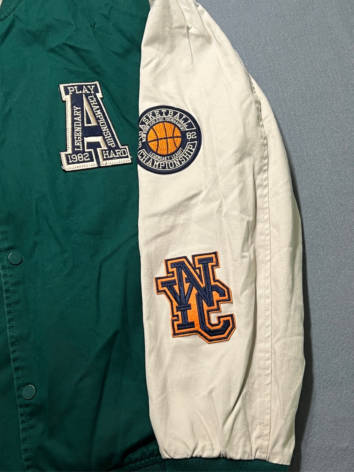 ASOS DESIGN Men’s Varsity Bomber Jacket Green White Patches Snap Front