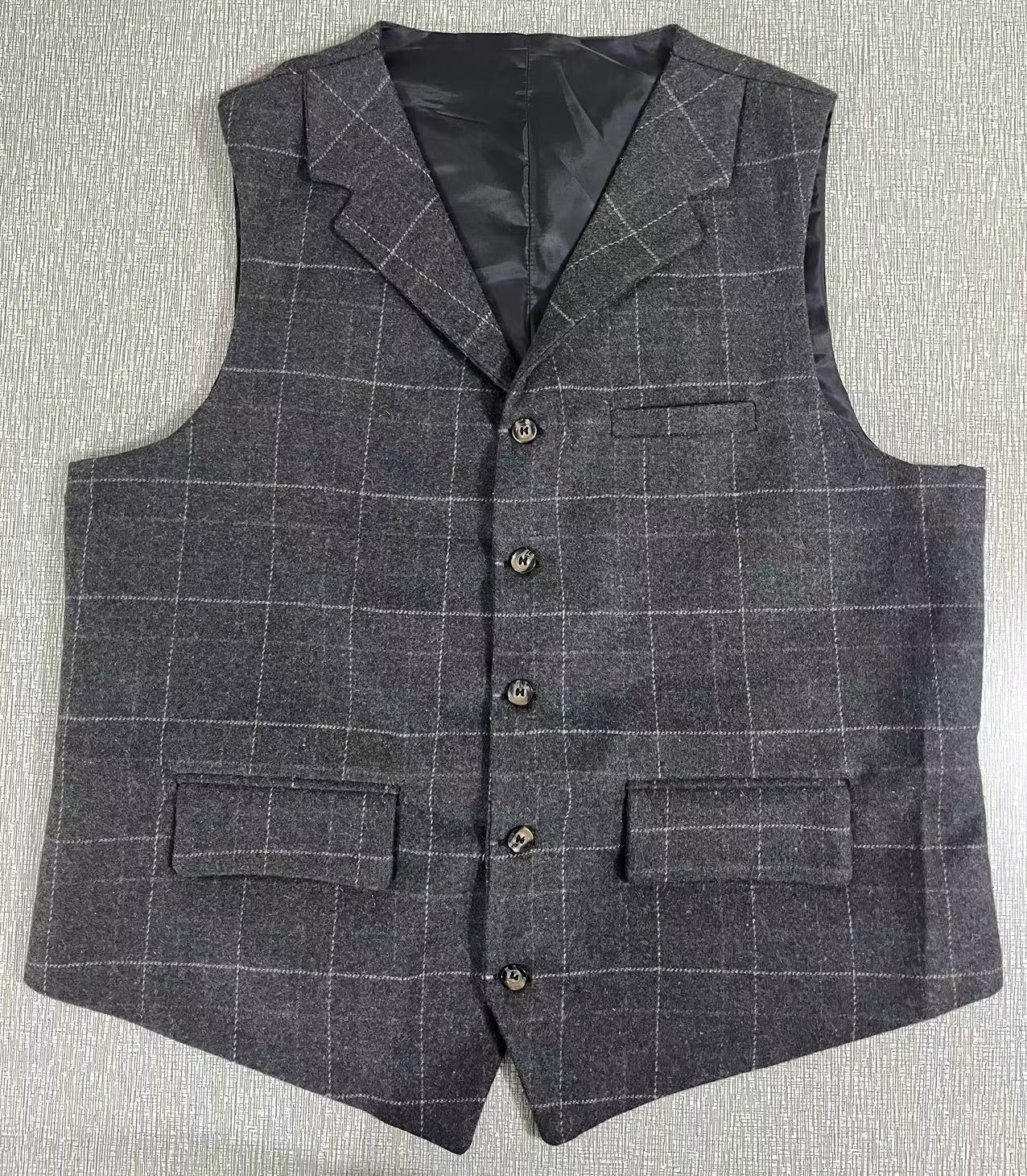 Mens Suit Waistcoat Tweed Vest Plaid Wedding Vintage Wool Hunting Windowpane 3XL