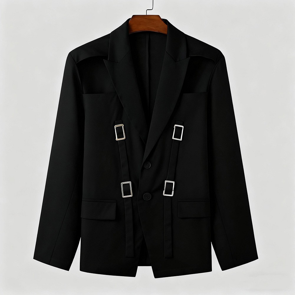 Men Streetwear Solid Color Blazer Long Sleeve Suit Coat Hollow Button Style