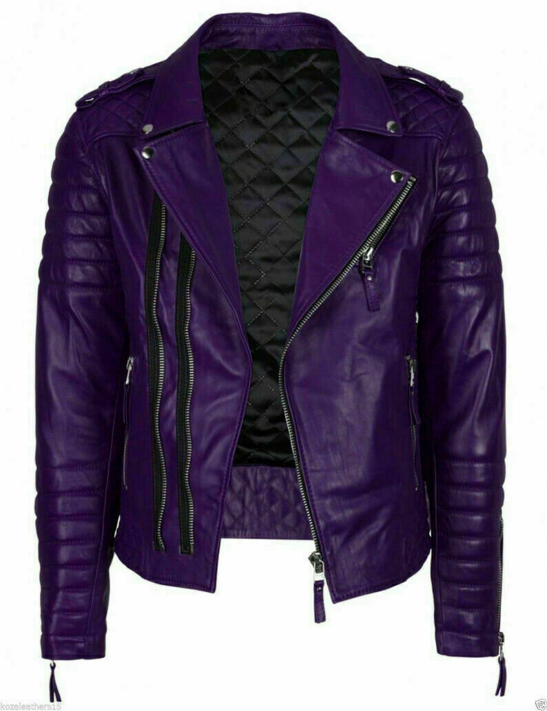 Men’s Genuine Lambskin Leather Purple Biker Jacket Custom Made to Order Jacket