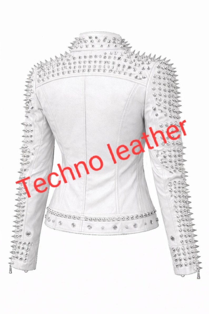 New Men/‎Women Studded Leather Jackets white leather silver spikes/customize