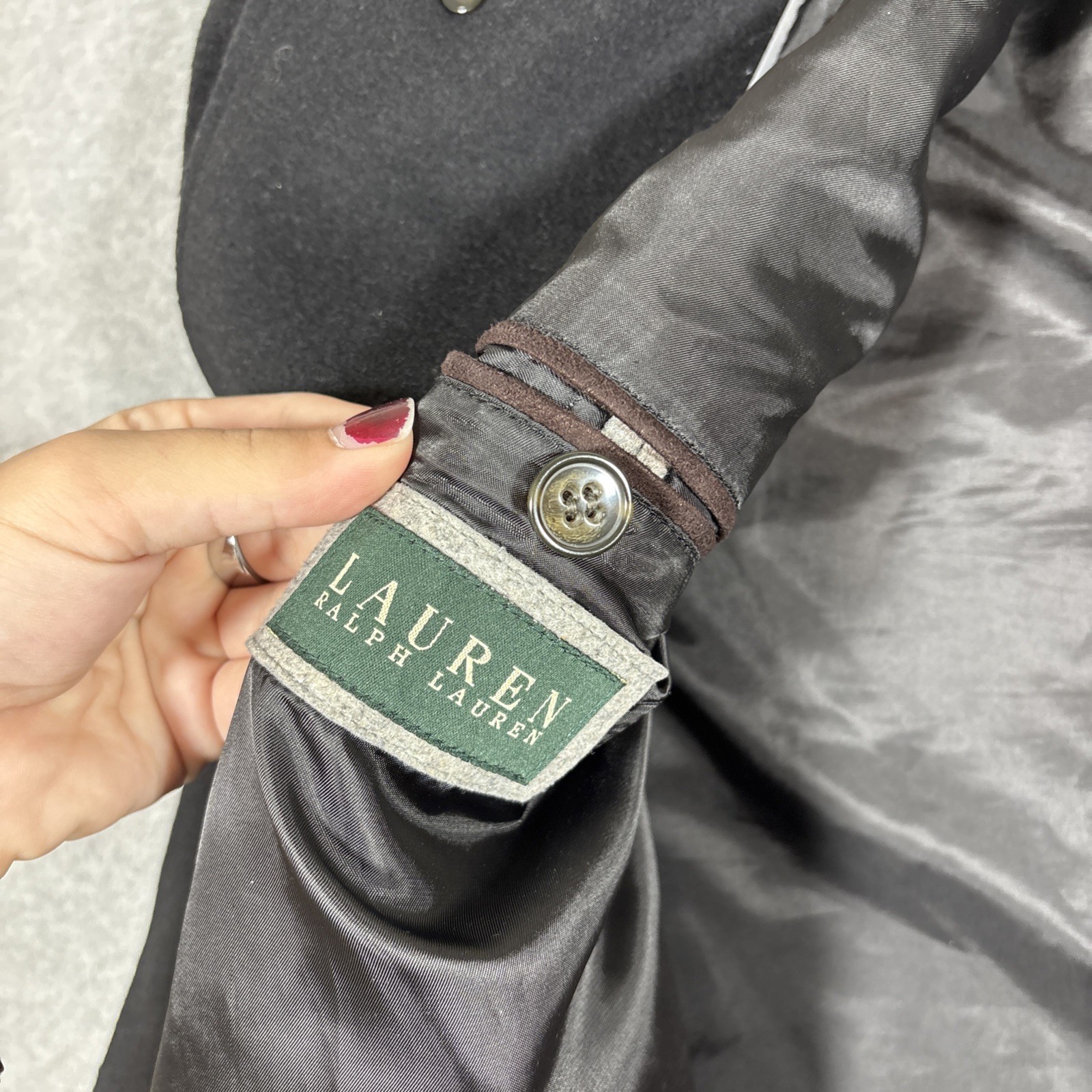Lauren Ralph Lauren Men’s 44R Black Four Button Trench Coat Overcoat Wool Blend