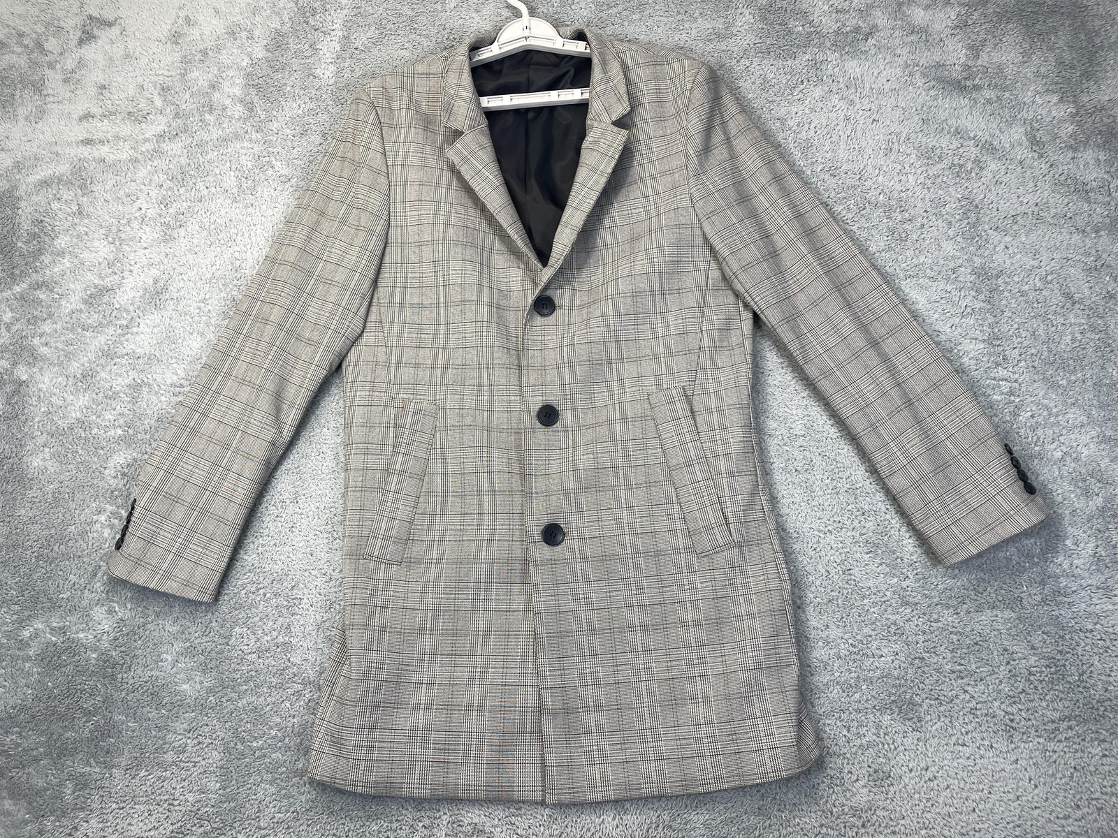 H&M Topcoat Mens 42R Gray Glen Plaid Overcoat 3 Button Lined Pockets Notch Lapel
