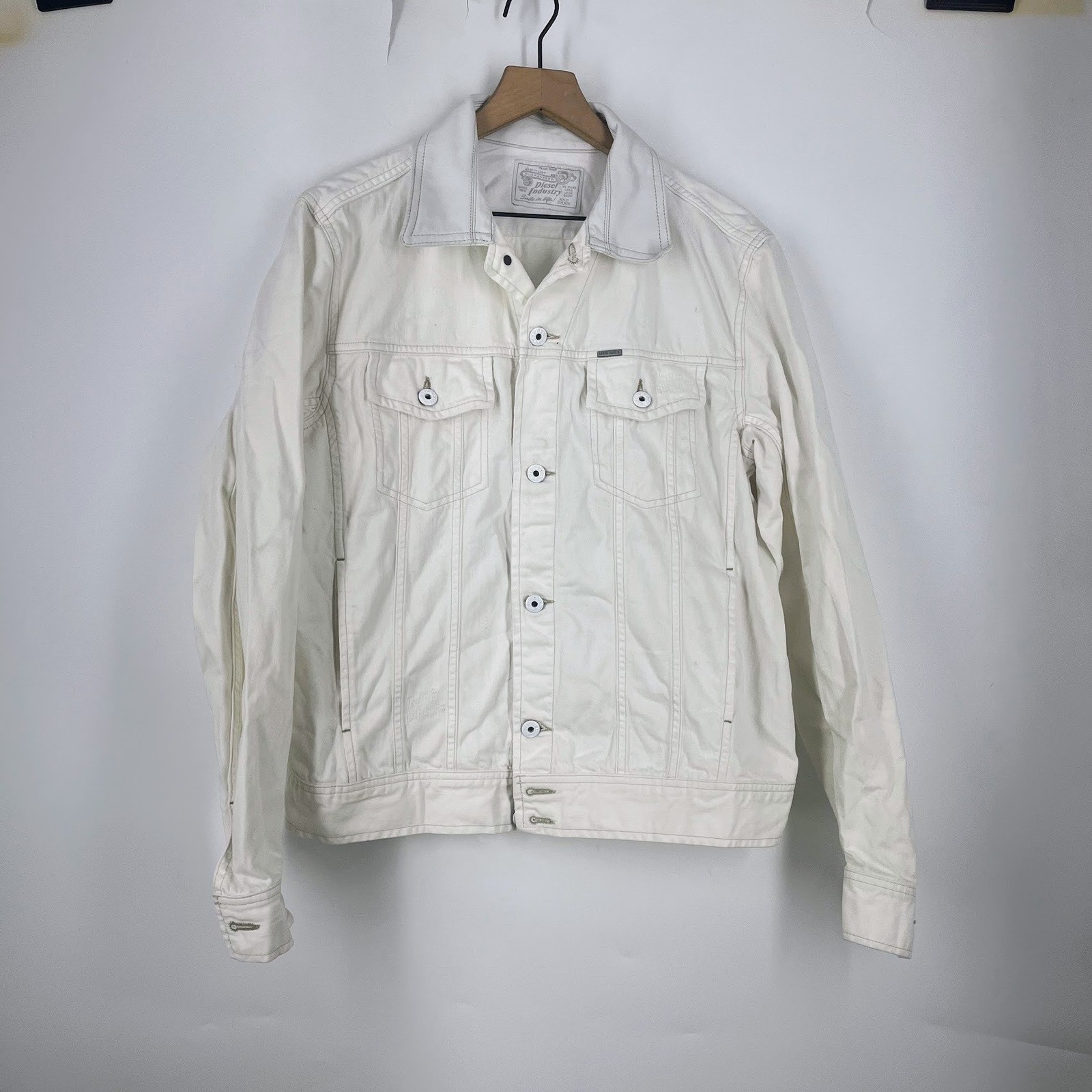 Diesel Industry Mens Denim Trucker Leather Collar Jacket Button Coat Size XL
