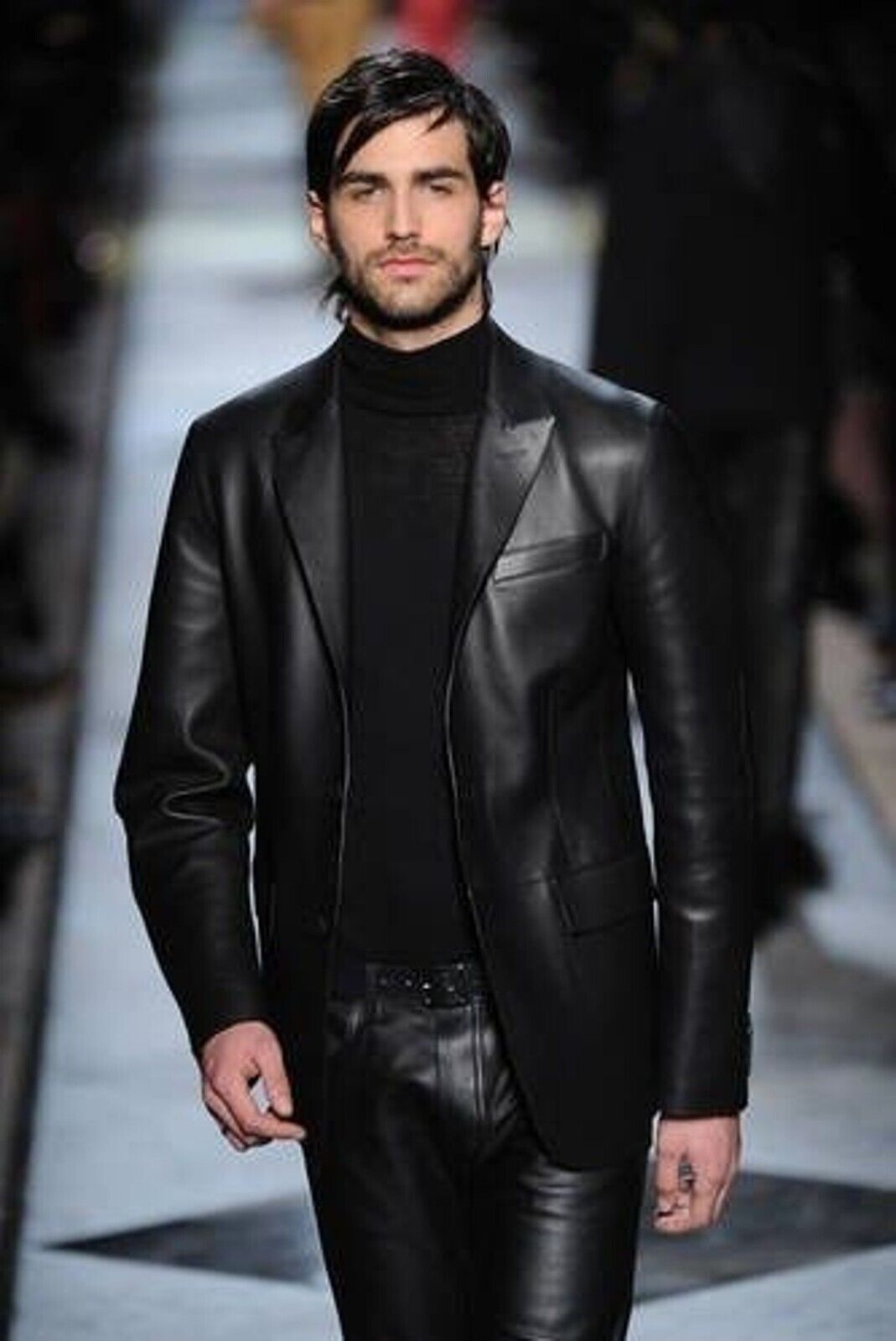Men Blazer Business Lambskin 100% Genuine Leather Formal Handmade Stylish Black