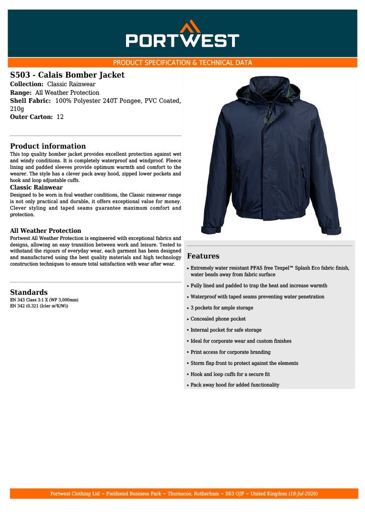 PORTWEST Men’s Calais Fully lined Padded Bomber Waterproof Jacket S503 UK Seller