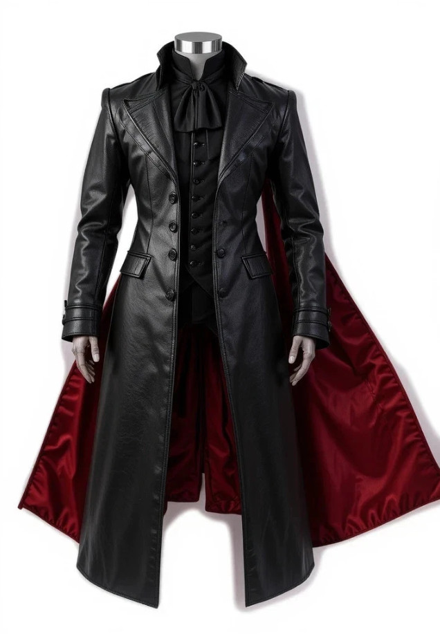 Men’s Gothic Vampire Leather Trench Coat – Long Black Halloween Steampunk Jacket