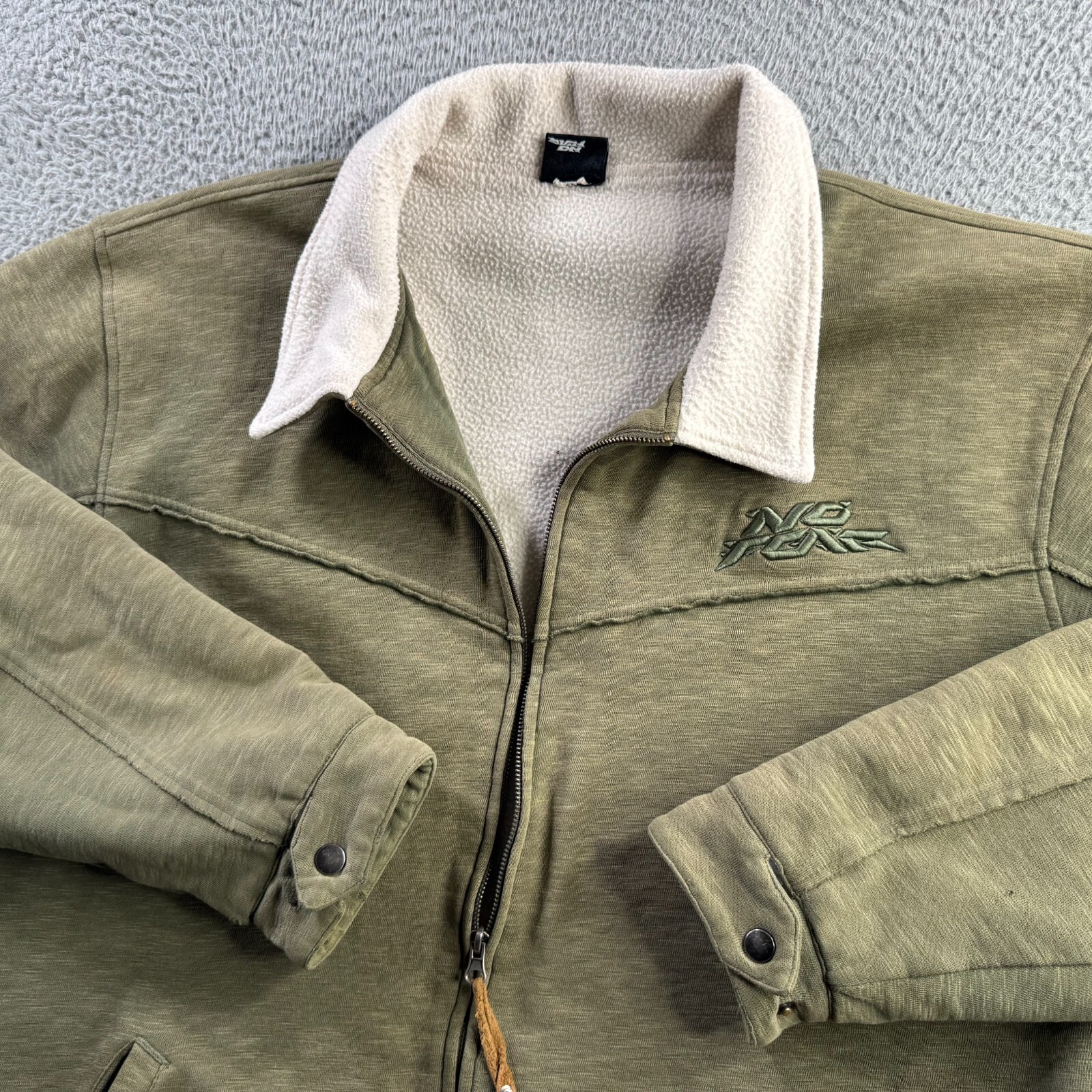 Vintage No Fear Jacket Mens 2XL Green Full Zip Fleece Sweat Y2K Collared