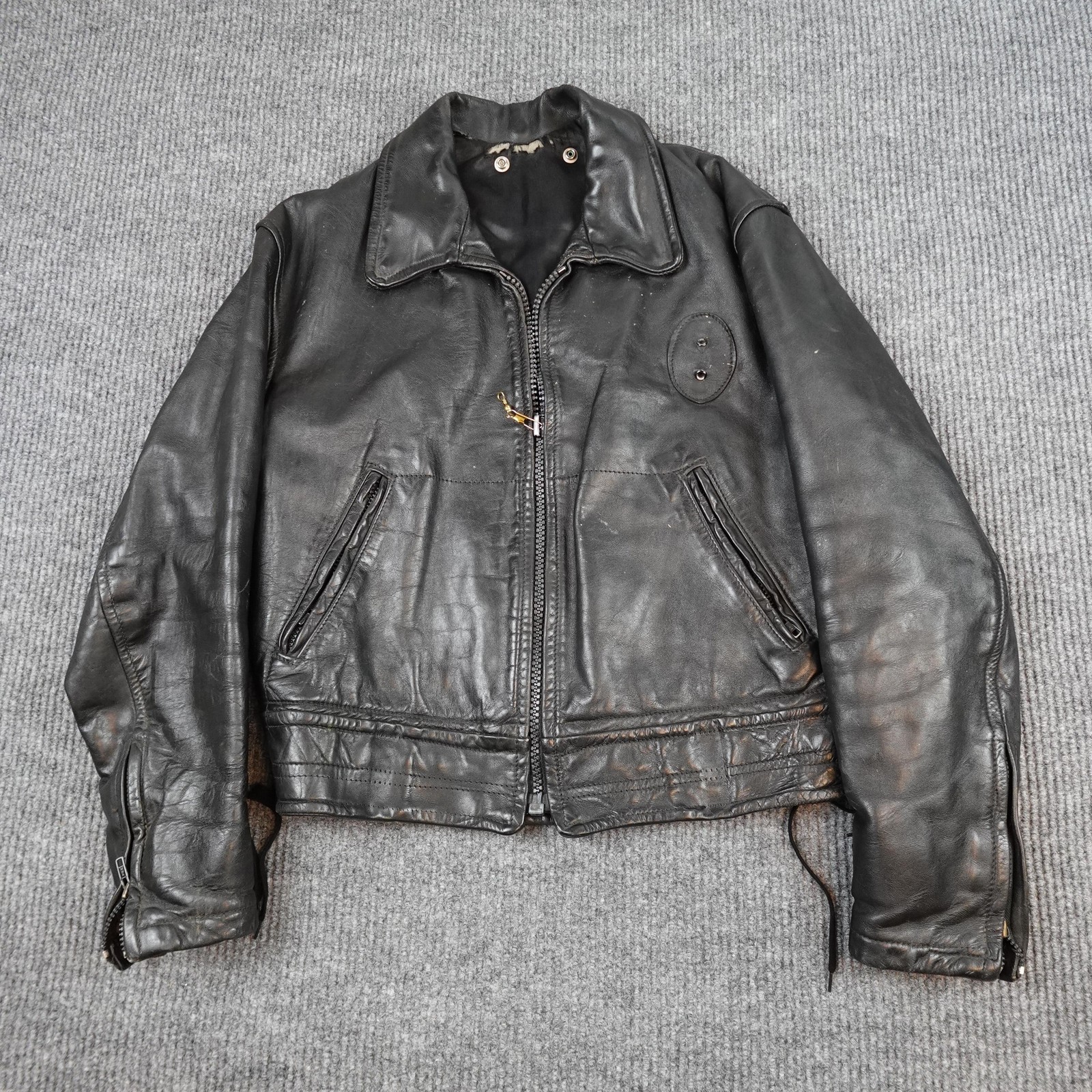 Vintage Cal CHP Leather Motorcycle Jacket Mens Large Black Lace Up Biker