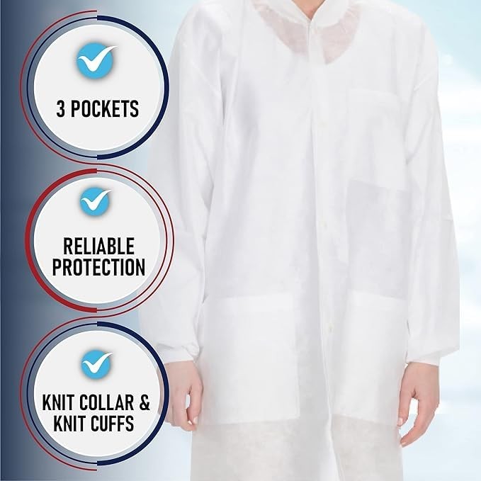 Pack of 10 Disposable Lab Coats – Blue – With 3 Pockets and Soft Knit Cuffs & Co