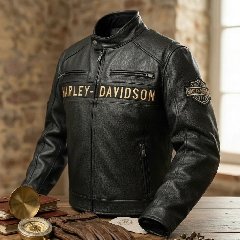 Harley Men’s Black Biker Jacket – Real Cowhide Leather Motorcycle Jacket
