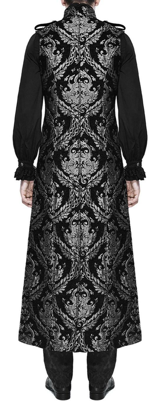 Men’s Fashion Long Gothic Waistcoat Coat Jacket Black Silver Damask Steampunk