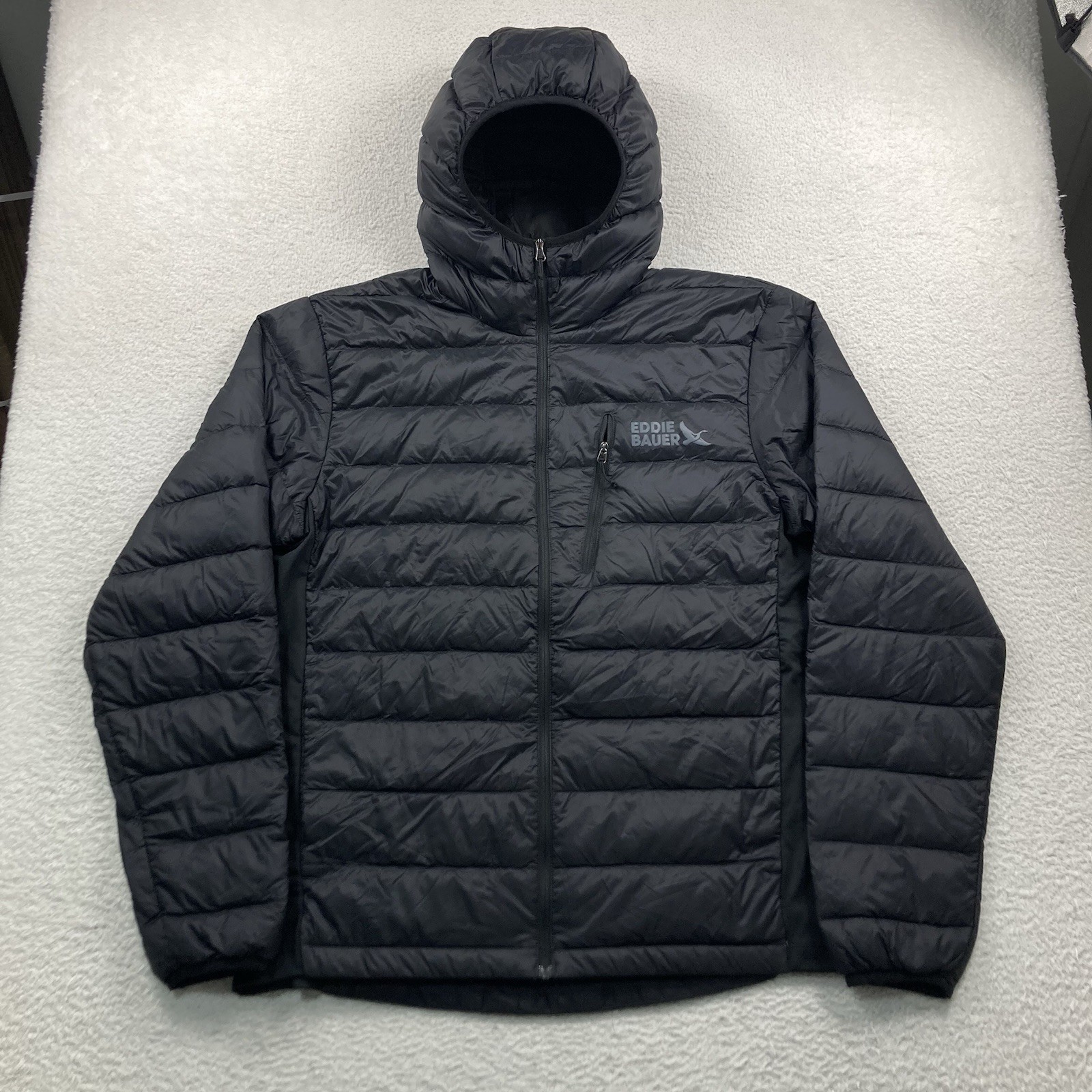 Eddie Bauer 550 Down Jacket Men Medium Black Hooded Full Zip Outdoor Hiking