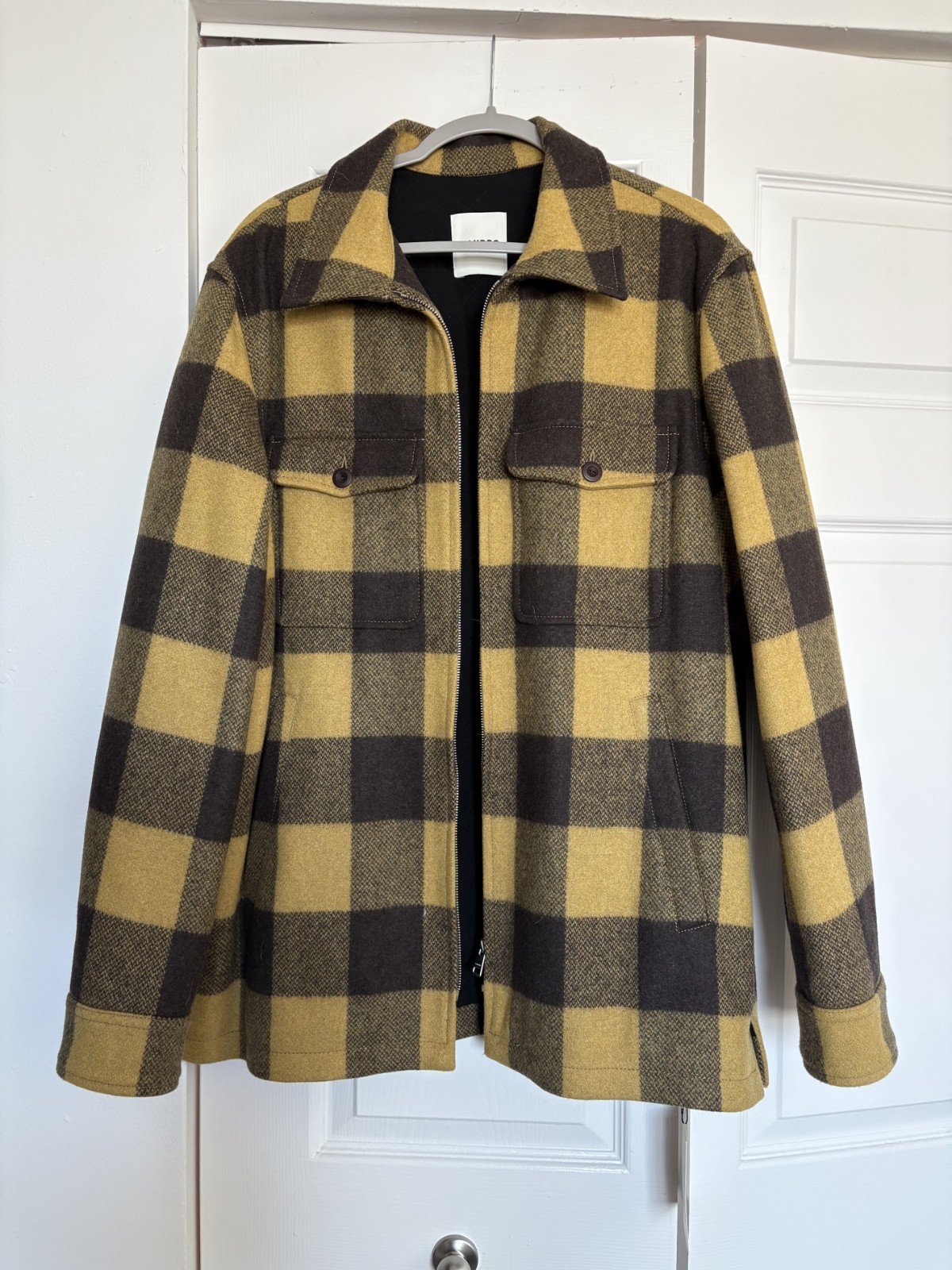 Sandro Men’s Yellow/Brown Plaid Zip Jacket Lined Spread Collar Size XL NWT