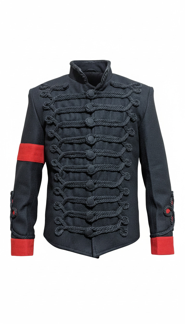 Men’s Hussar Military Braided Jacket Black Red Band Uniform Gothic Coat
