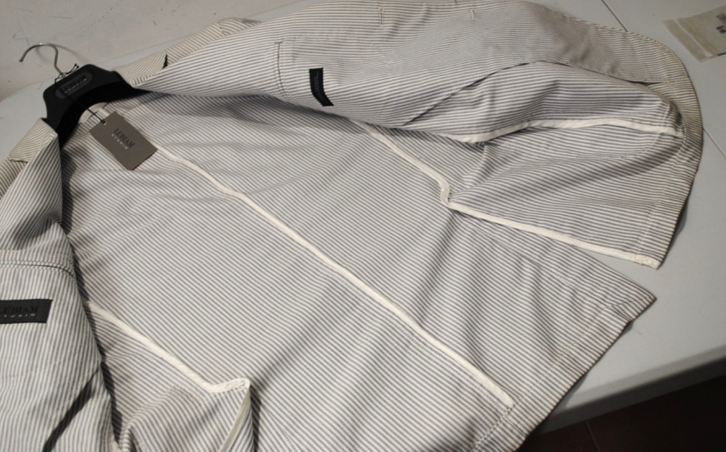 L.B.M. LUIGI BIANCHI MANTOVA JACKET SIZE 50 483.00 COTTON CARD STRIPES PATCHES
