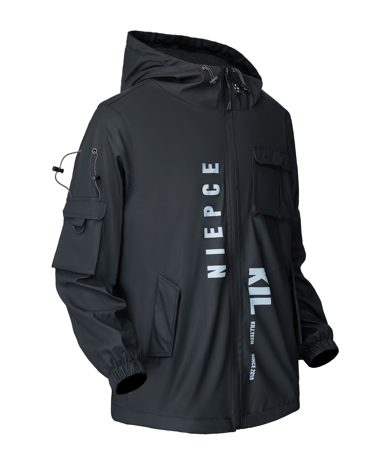 Niepce Black Leather Tactical Jacket Streetwear Techwear Coat with Hoodie