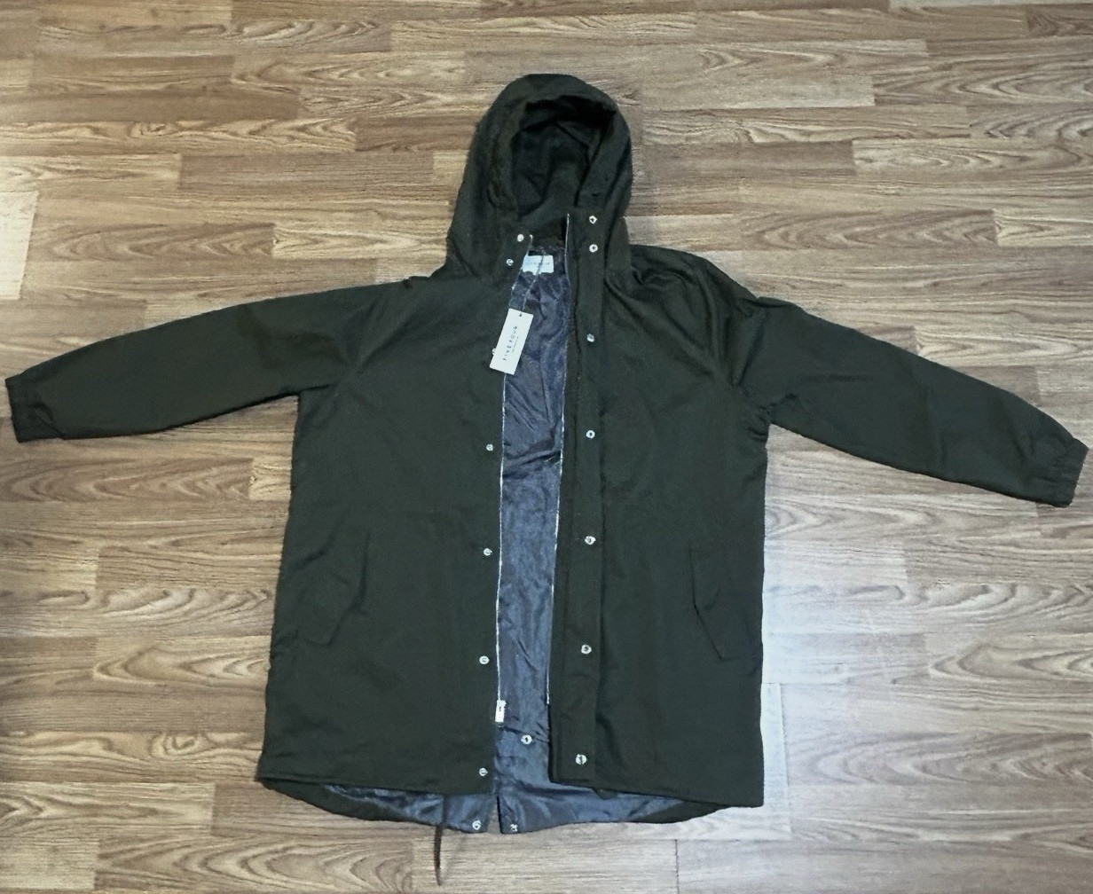 Hooded Five Four Men’s olive Green Long Parka Jacket, 2XL, Button/Zip Closure
