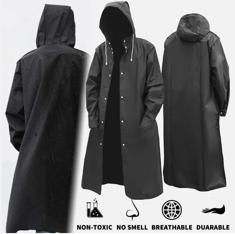 Men Black Waterproof Long Raincoat Rain Coat Hooded Trench Jacket Outdoor Hiking