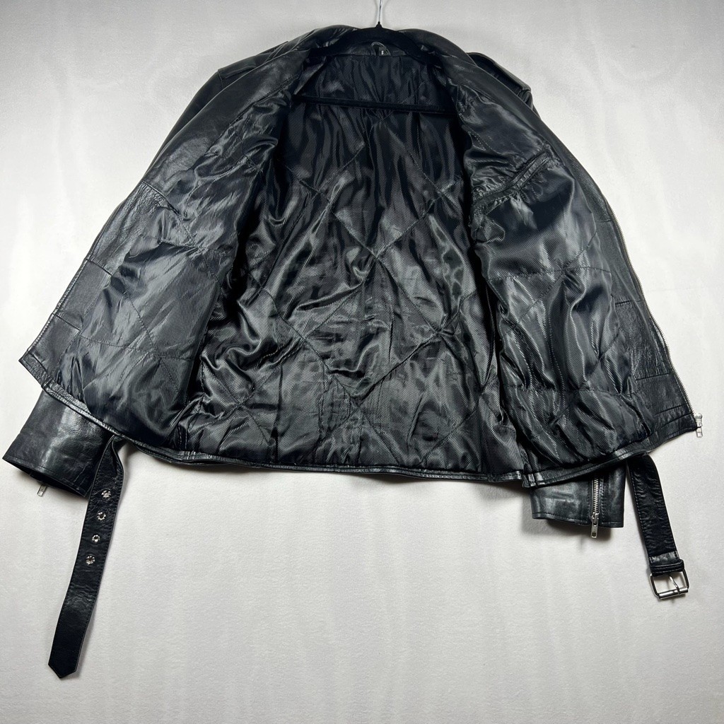Black Faux Leather Moto Jacket Asymmetrical Zip Belted Biker Small Brando