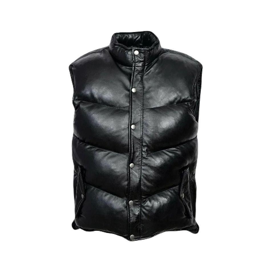 MEN’S GENUINE SOFT LAMBSKIN LEATHER BUBBLE PUFFER VEST BLACK & TAN Hot Seller
