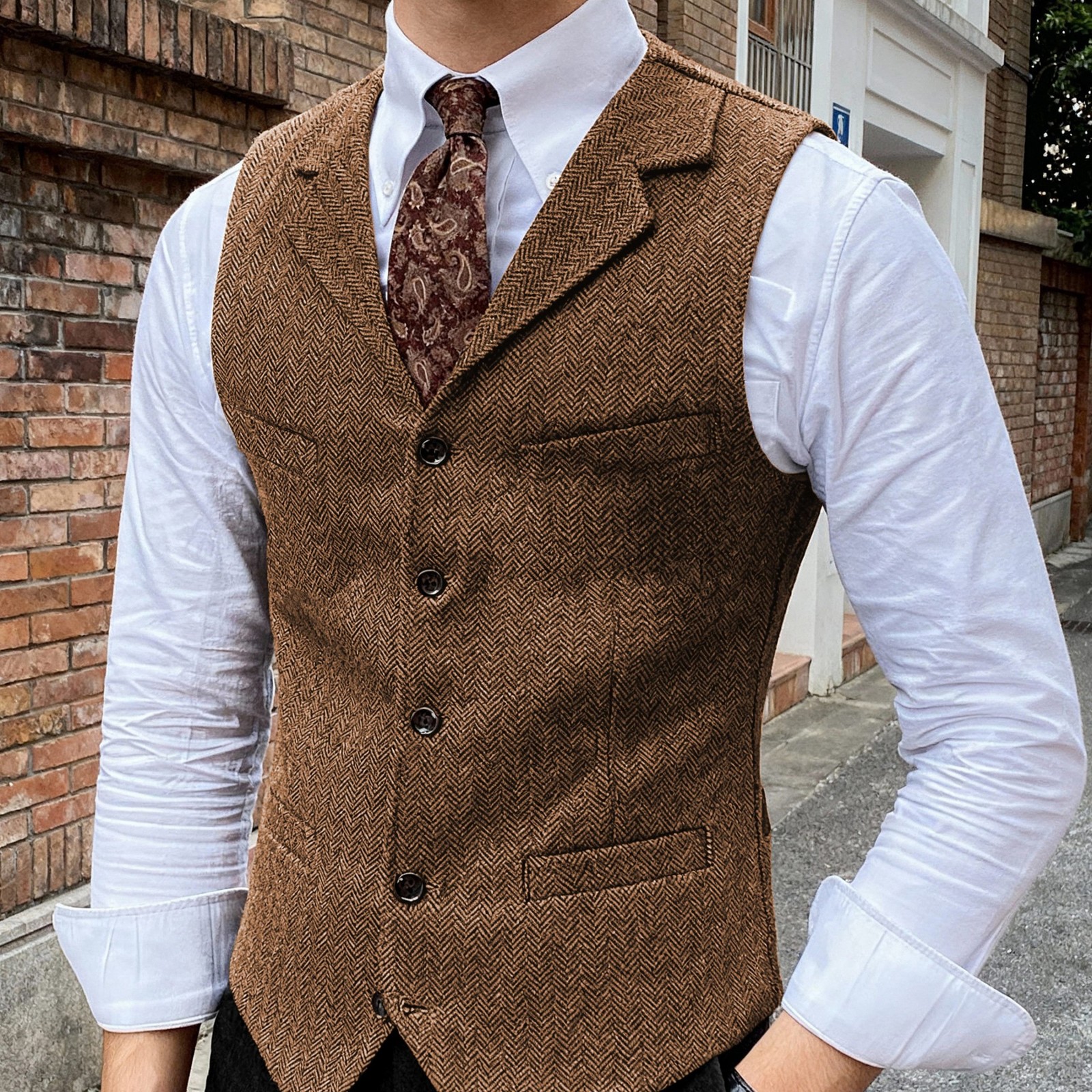 Mens Tweed Vest Western Cowboy Vintage Wool Herringbone Vests M Large XL XXL 3XL