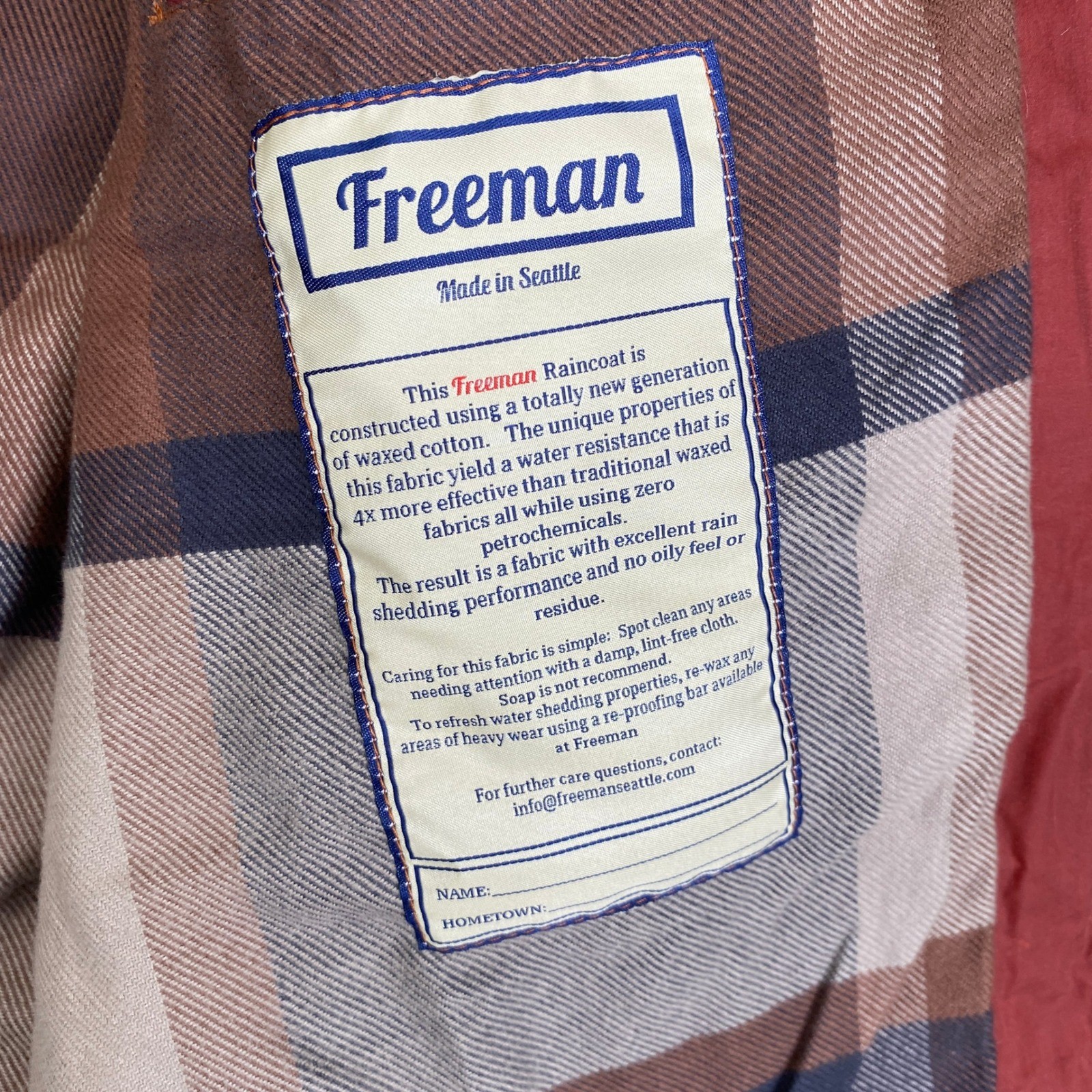 Freeman Seattle Waxed Cotton Raincoat Mens XXL Red Plaid Lined Hooded Jacket USA