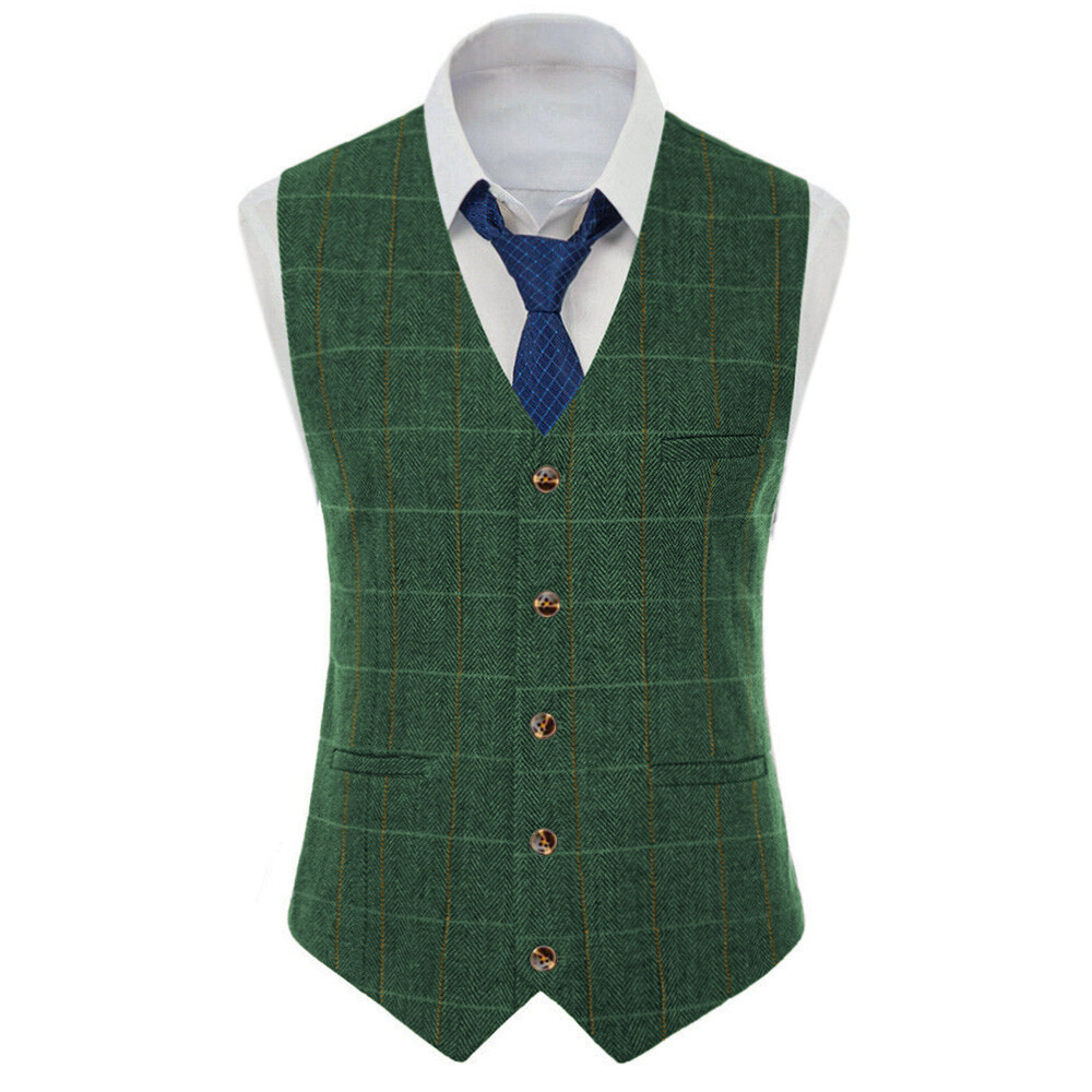 Tweed Mens Suit Plaid Waistcoat Herringbone Vest Windowpane Wedding Vintage Wool
