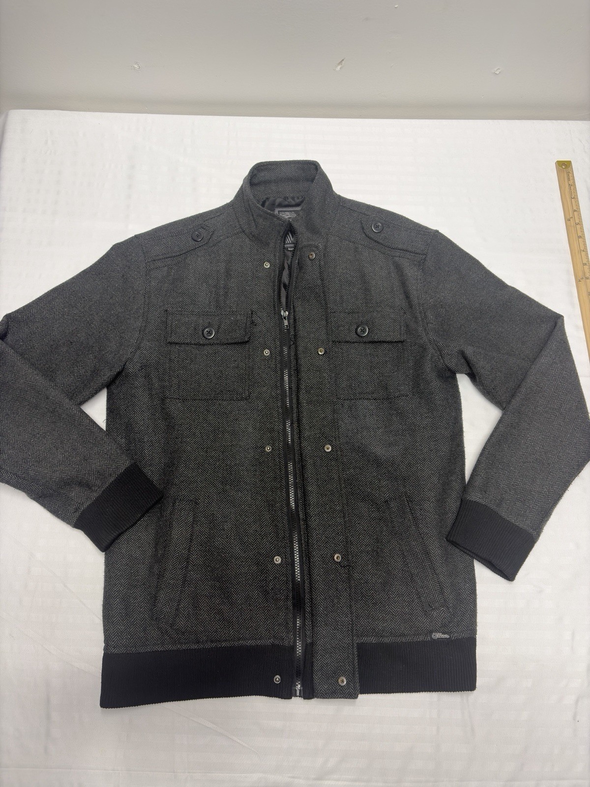 Y2k Elixir Jacket XL Gray tweed full Zip Button Insulated Lining pockets Aviator