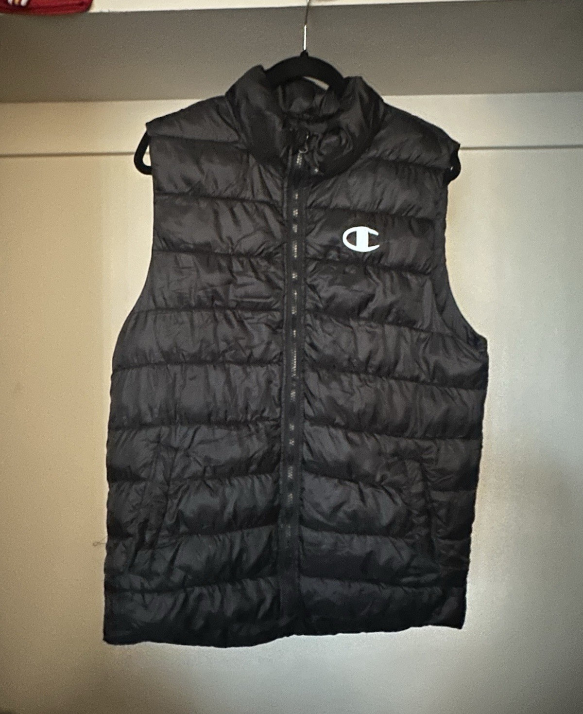 Champion Men’s Black Puffer Vest Full Zip Stand-Up Collar Mid-Length Size M