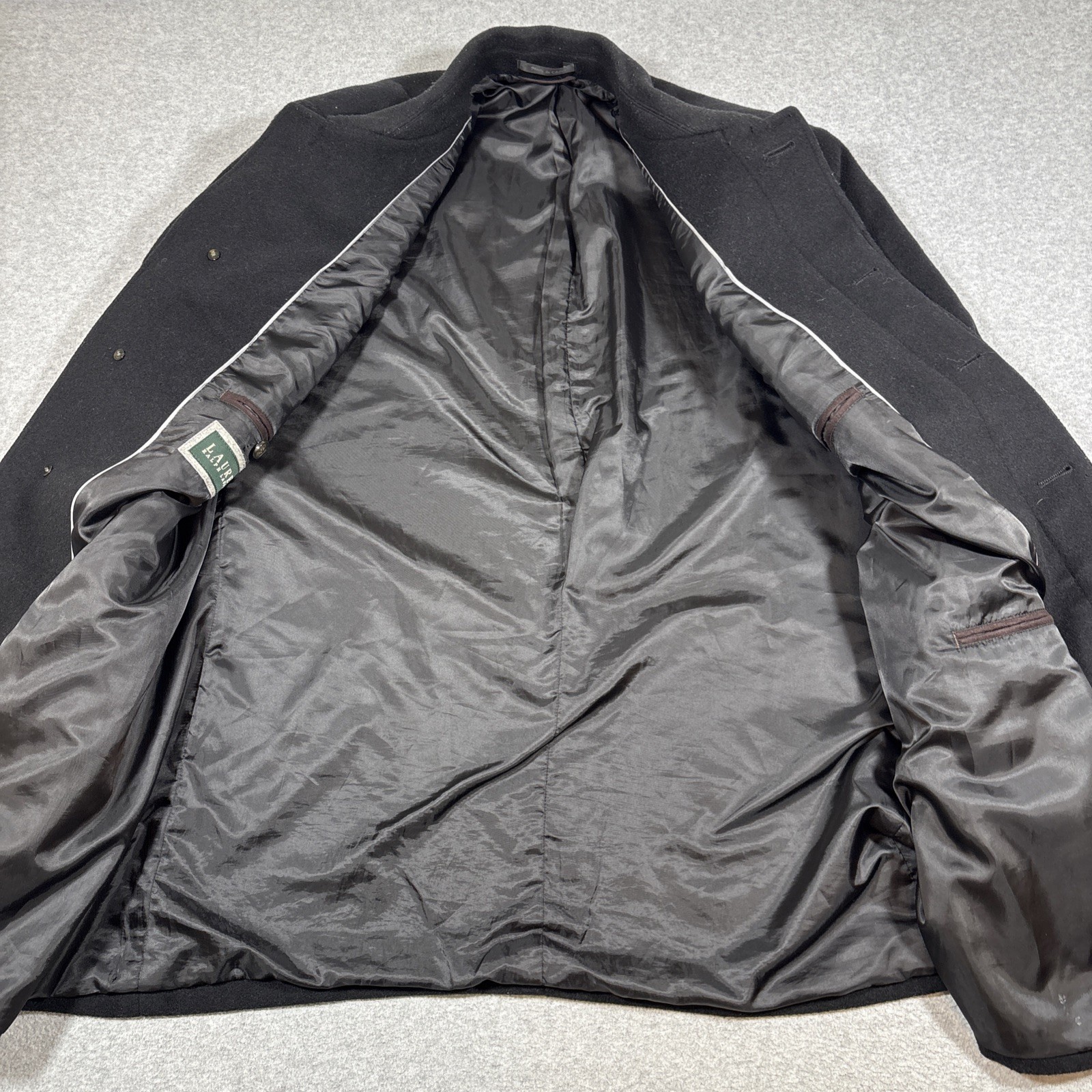 Lauren Ralph Lauren Men’s 44R Black Four Button Trench Coat Overcoat Wool Blend