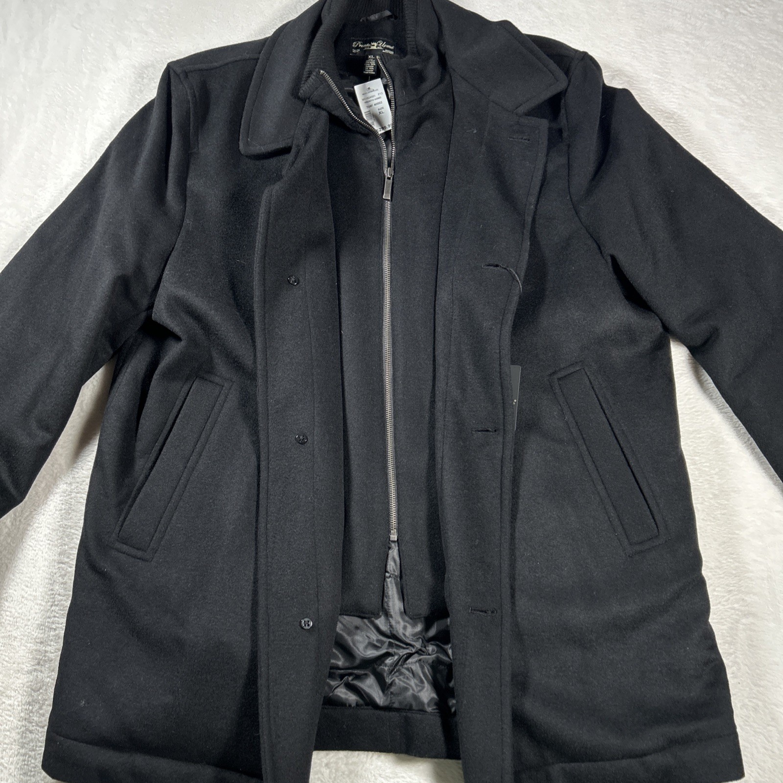 Pronto Uomo Mens XL Black Wool Blend Pea Coat Jacket Zip Button Quilted Interior