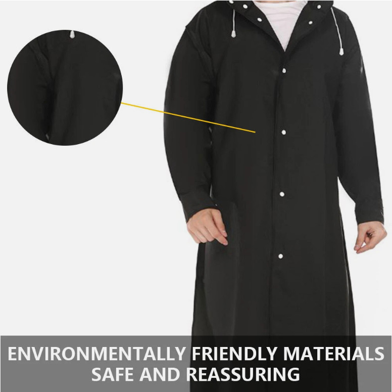 Men Black Waterproof Long Raincoat Rain Coat Hooded Trench Jacket Outdoor Hiking
