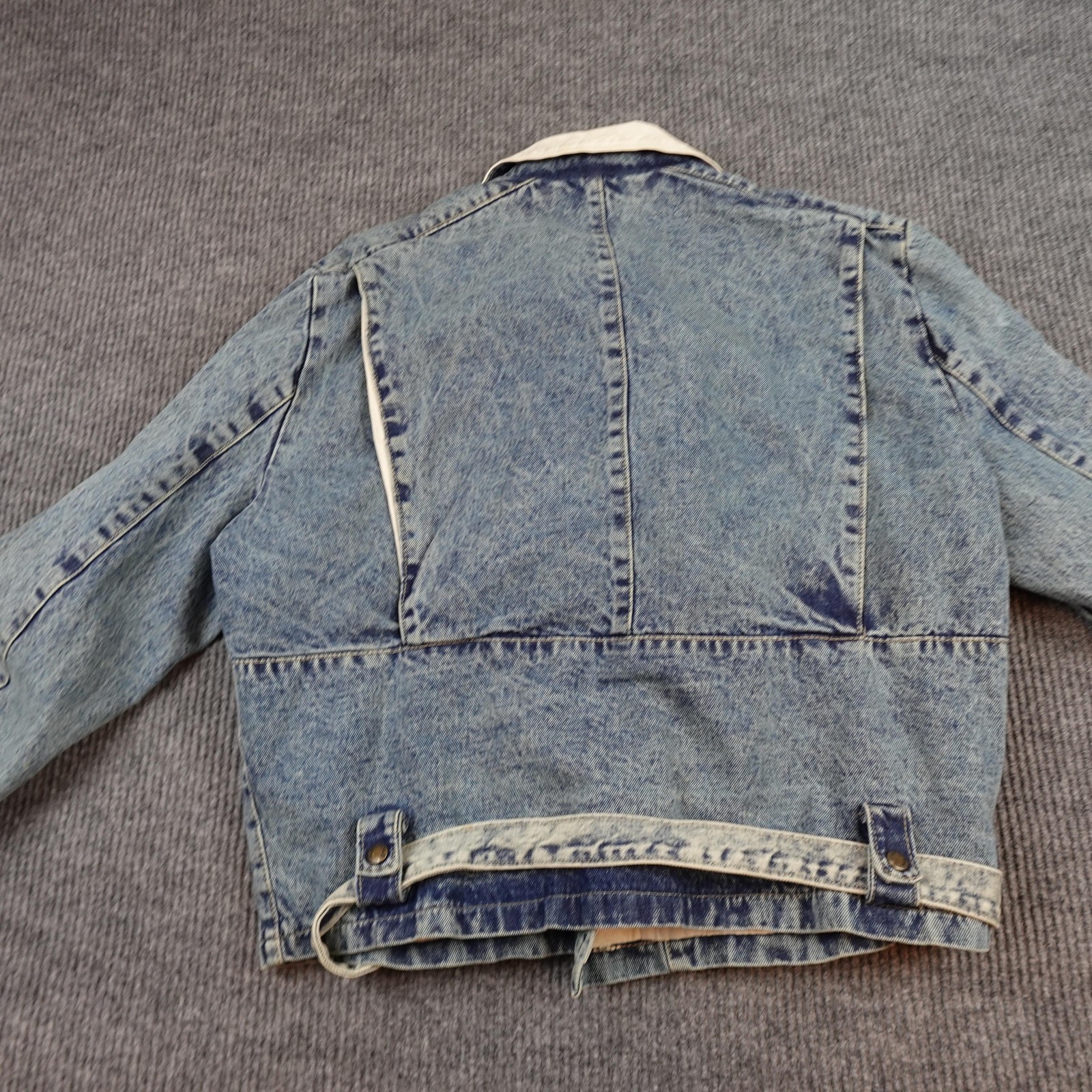 Vintage Denim Biker Jacket Mens Medium Blue Belted Dual Control Retro Lined