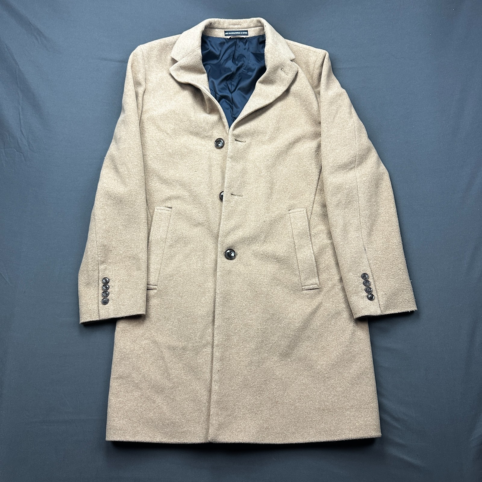 Tommy Hilfiger Overcoat Mens 38R Beige Wool Lined Button Front Notch Lapel