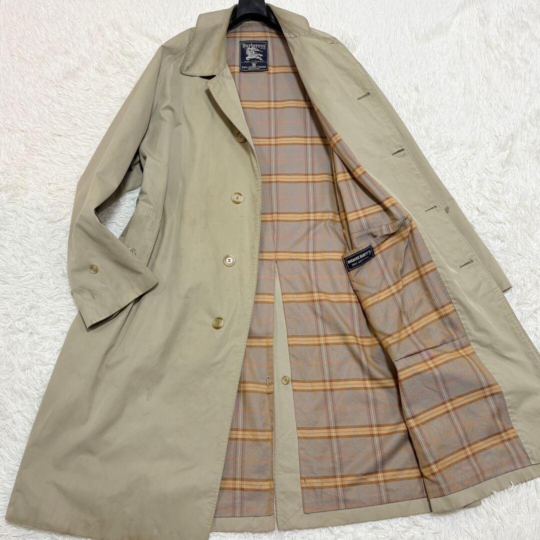Burberrys Vintage 1 Piece Sleeve Balmacaan Coat Nova Check Khaki XL England