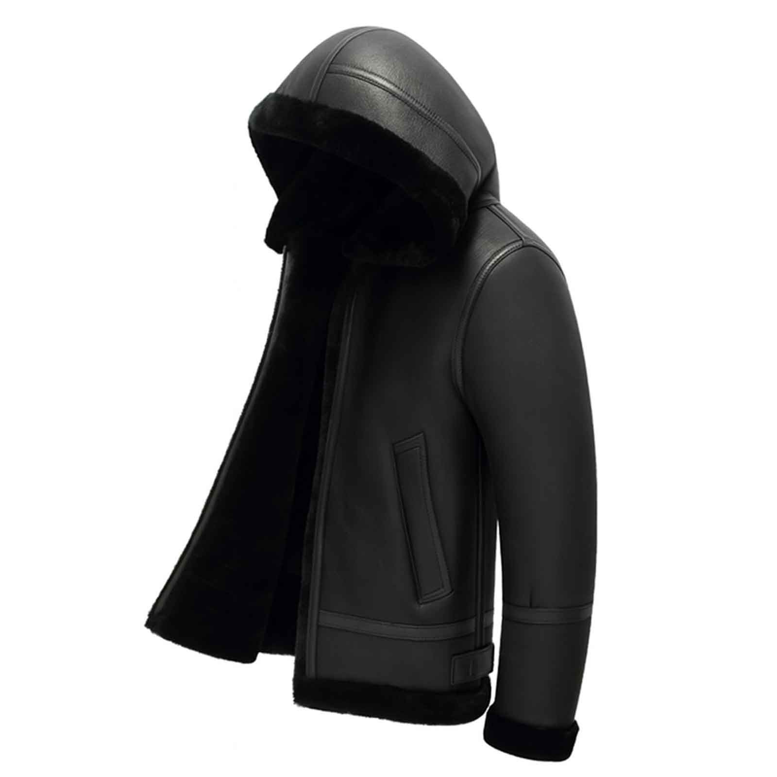 Regals Leather Men’s Black Hooded B3 Leather Bomber Jacket Aviator Flight Jacke