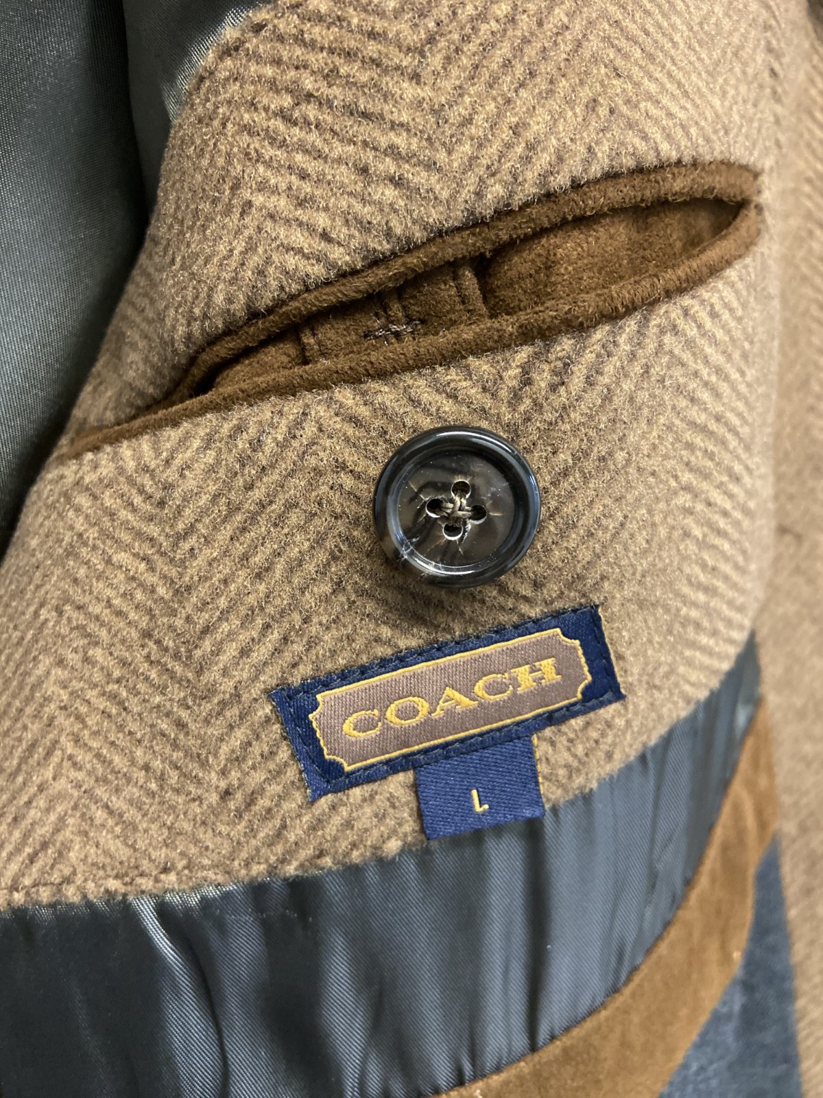 Coach Brown Herringbone Four-Button Wool Single Breasted Overcoat Men’s L