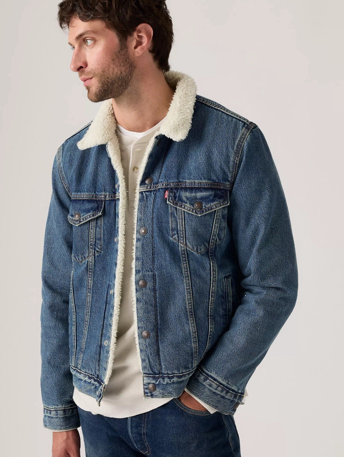 Levi’s Premium Type III Sherpa Lined Blue Denim Trucker Jacket Mens New