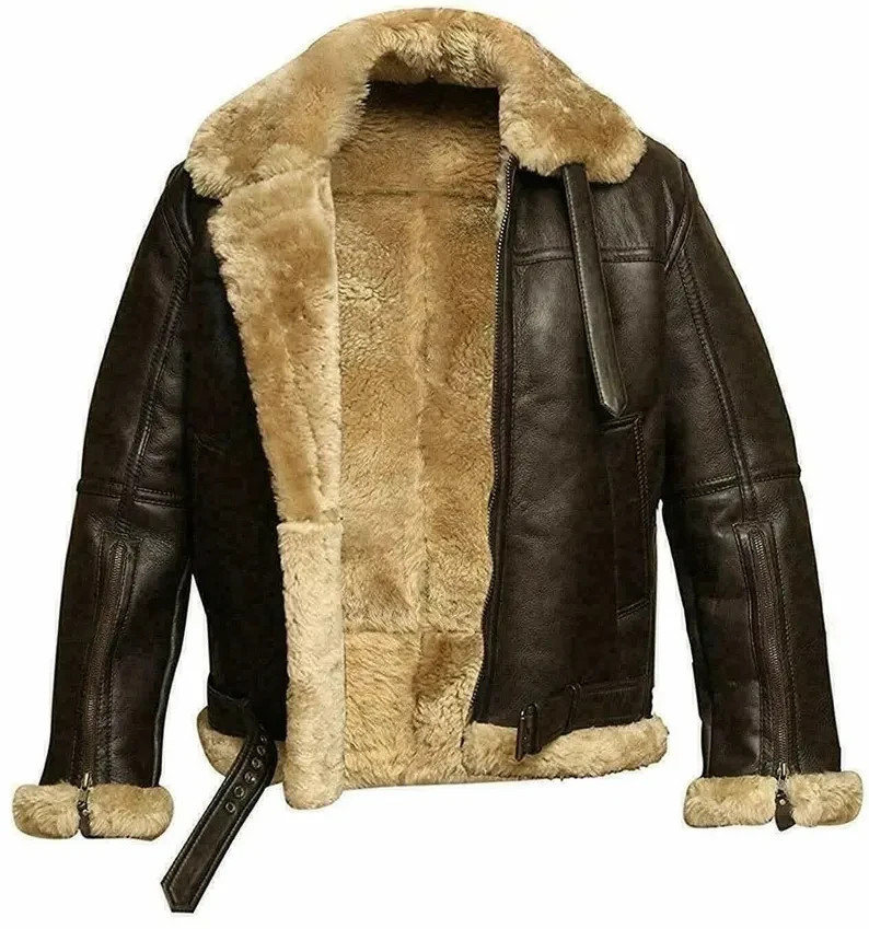 Men’s Brown B3 Shearling Sheepskin Leather Bomber Jacket | Aviator Flight Coat
