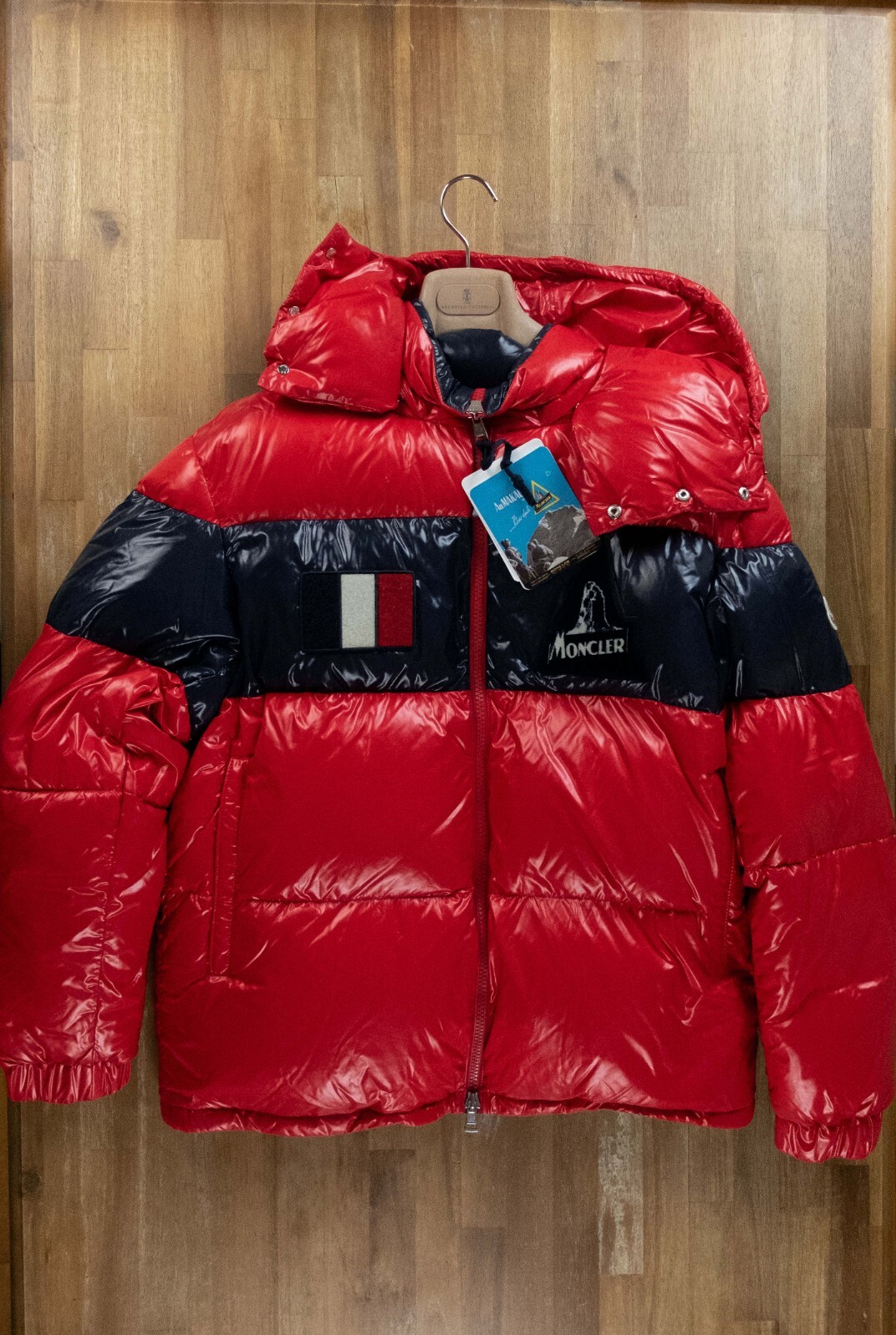 MONCLER Gary red & navy hooded quilted down puffer jacket Size 6 / 3XL authentic