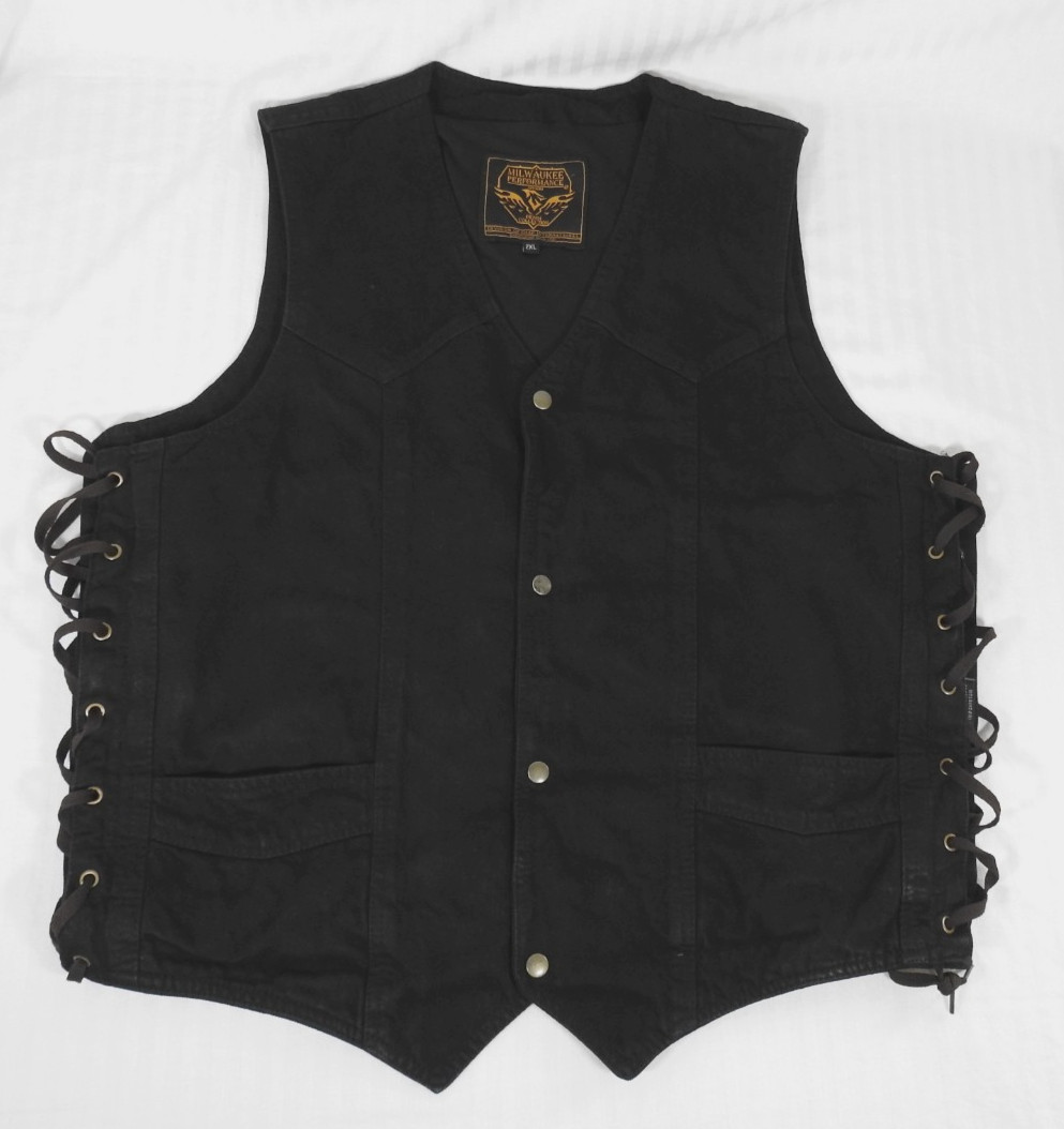 Men’s Milwaukee Performance Black Denim Snap Vest 2XL Conceal Carry. Side Lacing